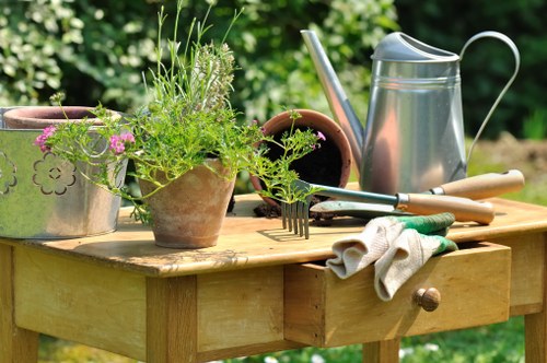 Gardener consulting a client in a well-kept front garden